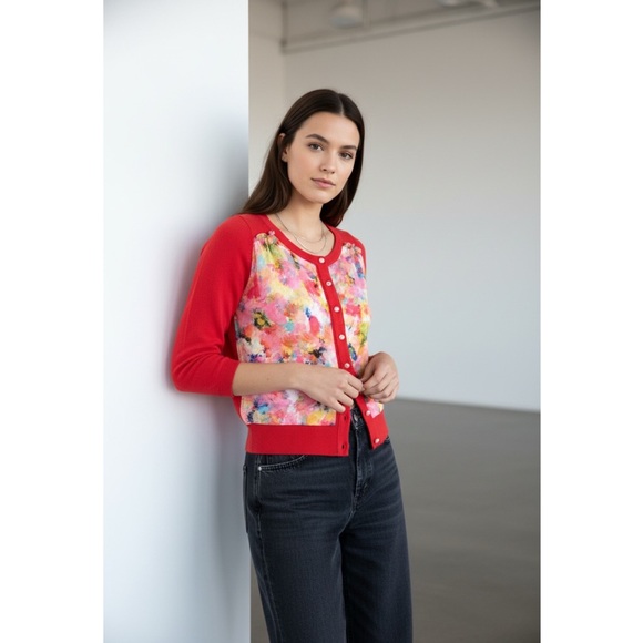 Anthro HWR {Monogram} Red Floral Panel Cardigan - Picture 1 of 10